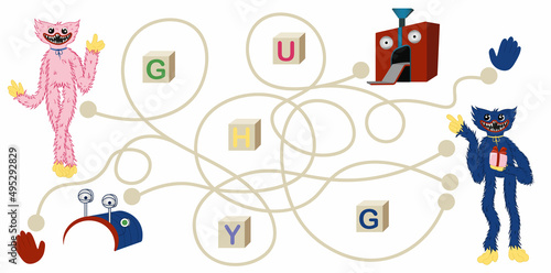 Help Huggy Wuggy find his way and bring a present for Kissy Missy. Logic game for kids, maze, puzzle, educational vector illustration. Poppy playtime characters.