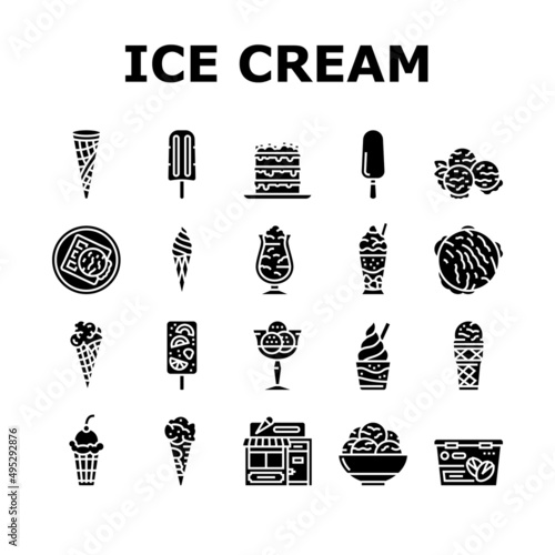 Ice Cream Delicious Dessert Food Icons Set Vector. Strawberry Cherry Fruit Ice Cream, Frozen Yogurt Juice. Waffle Cone Cake Sweet Nutrition With Chocolate Vanilla Glyph Pictograms Black Illustrations