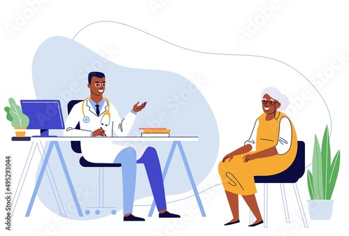 Medicine concept with black doctor and old patient.