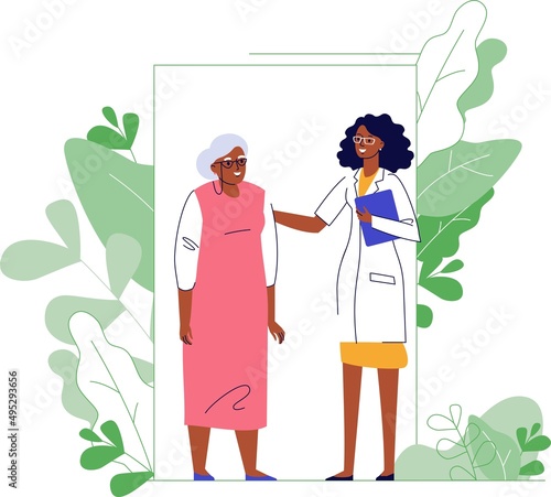 Medicine concept with black doctor and old patient on plant background.