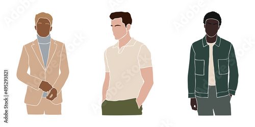 Set of abstract business and casual men portrait. Male shapes, silhouette of faceless men.Contemporary art. Fashion paper cut for social media, poster, postcard, print. Aesthetic Vector illustration