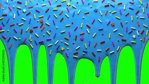 Blue paint with sprinkles drips on green screen and transparent background. Liquid flowing down the surface in streams, melting drops forming streaks. 3D animation. Alpha channel ProRes 4444 in 4k UHD