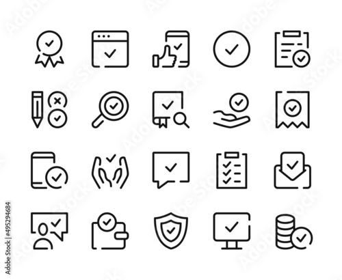 Approve icons. Vector line icons set. Check mark, quality control, approval concepts. Outline symbols, linear graphic elements. Modern design