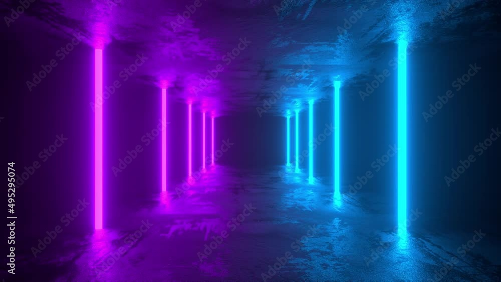 Moving forward a concrete corridor illuminated with blue and purple neon lights. 4K Video Animation