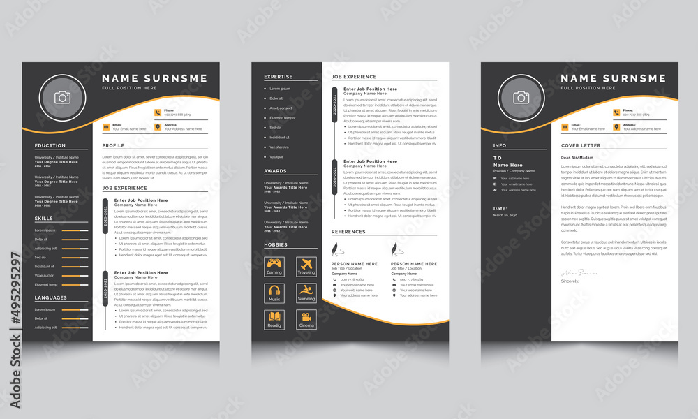 Resume and Cover Letter Layout Set with Black Sidebar Template Element  - obrazy, fototapety, plakaty 