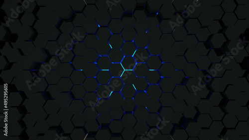 Digital generated technology hexagon background.Glossy textured hexagons with blue back glow.Modern futuristic background 3d illustration. Pattern hexagon background abstract and geometric wallpaper © Василь Івасюк