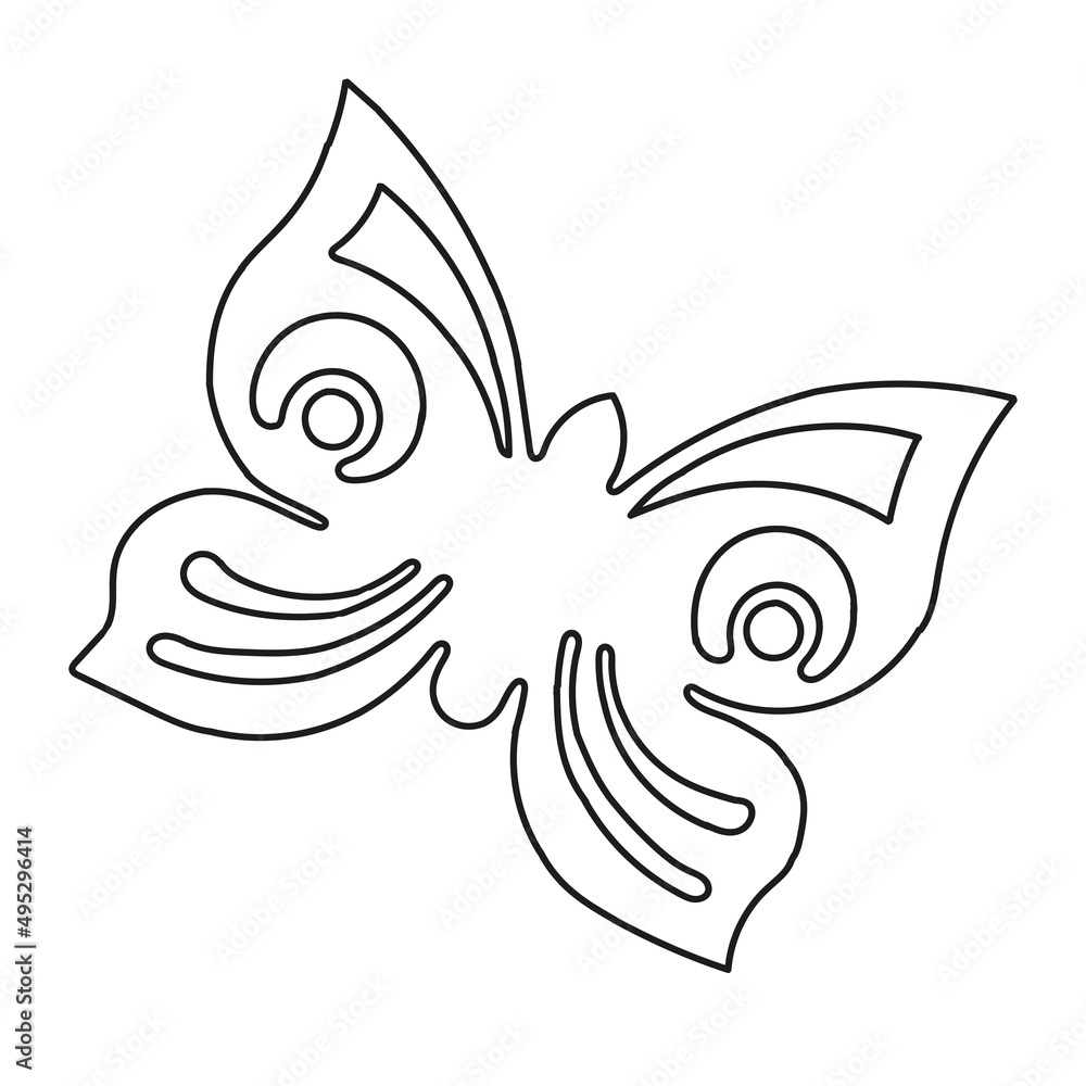 Hand-drawn black vector illustration of one butterfly is flying on a white background