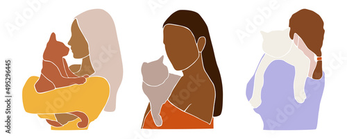 Set of abstract faceless woman holding cute cat. Silhouette of adorable pet owners and cute pets. Women with lovely kitties in hands. Fashion paper cut elements. Aesthetic Vector illustration