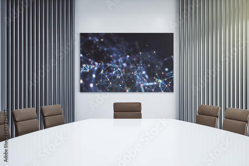 Creative concept of wireless technology on presentation screen in a modern conference room. Big data and database concept. 3D Rendering