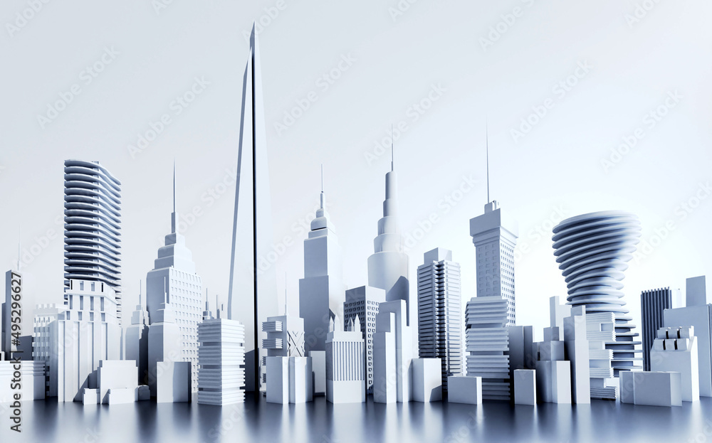 Modern city with skyscrapers, office buildings and residential blocks. 3D rendering  areal view