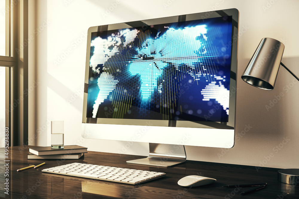 Fototapeta premium Computer monitor with abstract creative digital world map, globalization concept. 3D Rendering