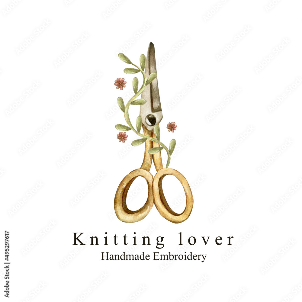 Stitch, knitting logo with watercolor scissor sumbol illusration. Hand ...