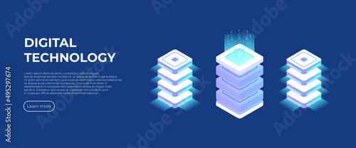 Digital technology landing page. Concept of big data processing, energy station of future, server room rack, data center isometric vector illustration.