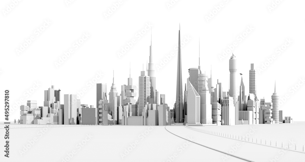 Modern city with skyscrapers, office and residential blocks, financial area. 3D rendering illustration, panoramic view at white background