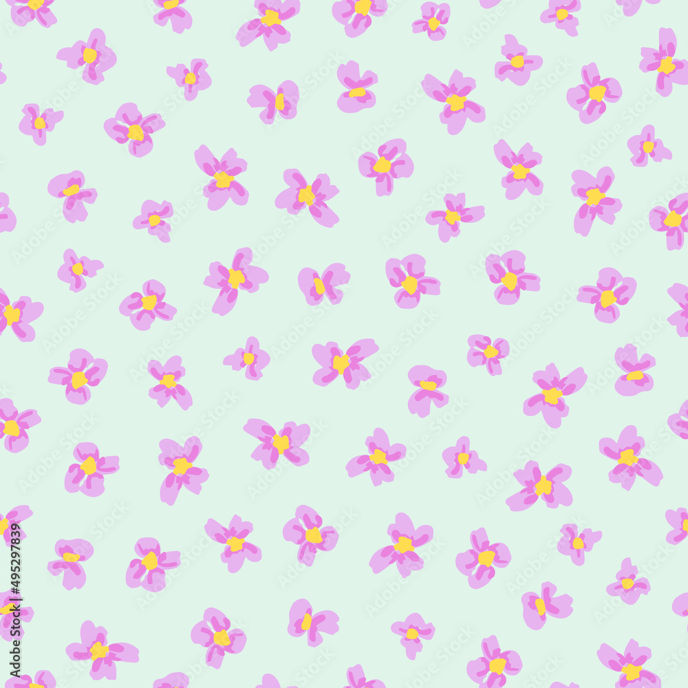 Little ditsy daisy seamless repeat minimal pattern. Random placed, vector flowers all over surface print on light green background.