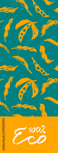 Vector label template with Soybean pattern seamless. Hand-drawn soy bean ornament for packaging for Soy vegetable oil, soy milk, tofu, vegan protein banner. Sport food concept. Soybeans background.