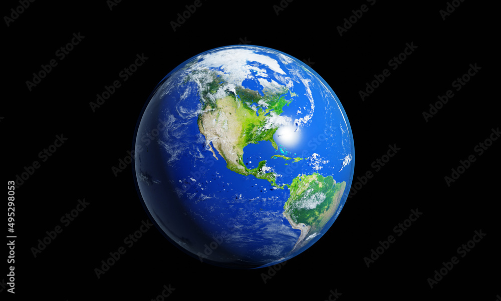 Planet Earth 3D rendering illustration. Planet lit up with sun light.  America continent
