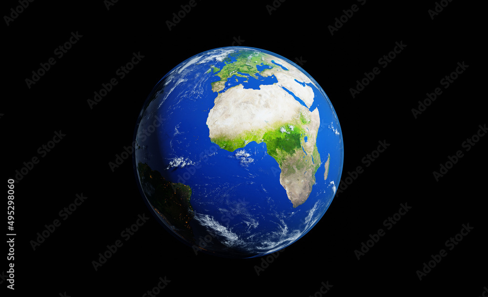 Planet Earth 3D rendering illustration. Planet lit up with sun light, showing Africa