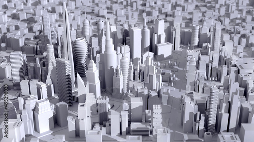 Modern city with skyscrapers  office buildings and residential blocks. 3D rendering illustration areal view