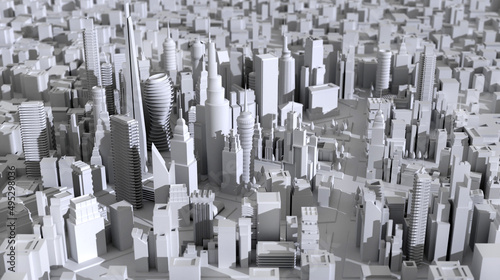 Modern city with skyscrapers  office buildings and residential blocks. 3D rendering illustration areal view