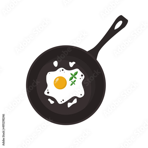 Fried egg on a iron cast frying pan, vector illustration isolated on white background.