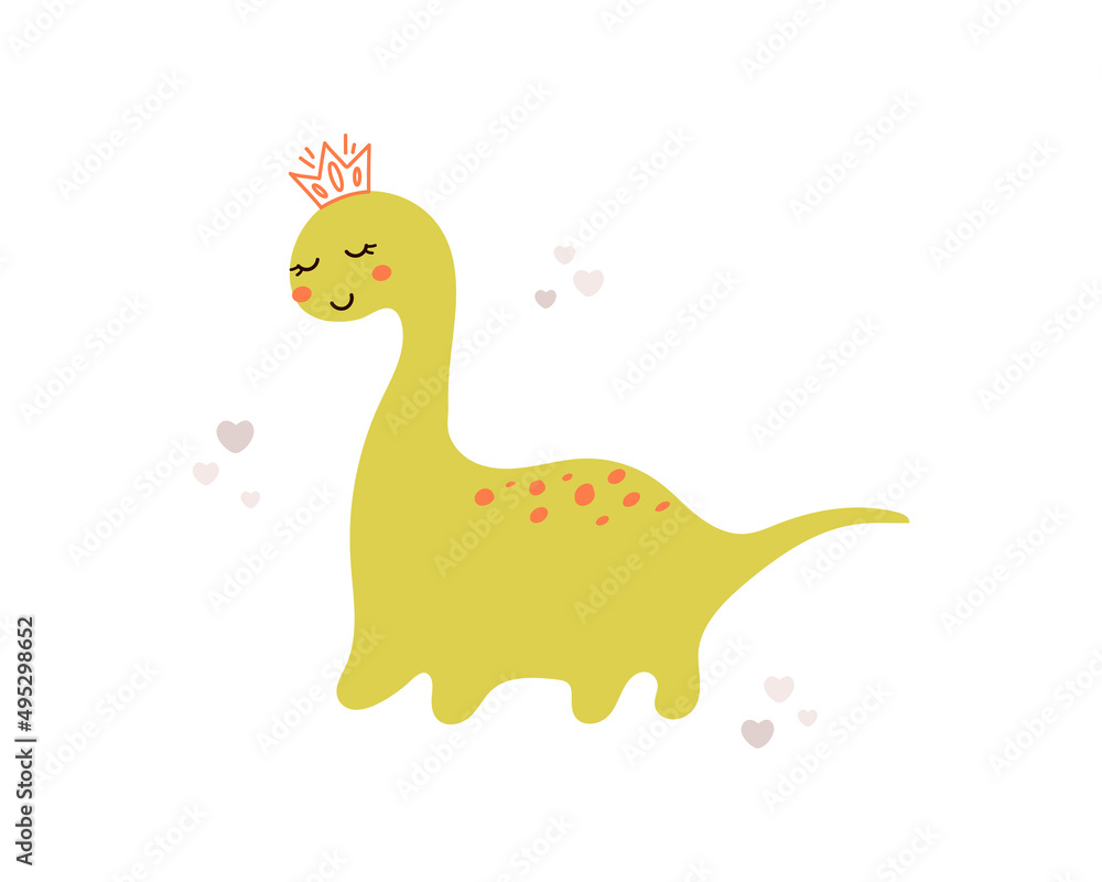 Cute little dinosaur girl drawn in doodle style. Funny vector dino princess illustration for kids textile, prints, posters Cute little dinosaur girl drawn in doodle style. Funny vector dino princess illustration for kids textile, prints, posters