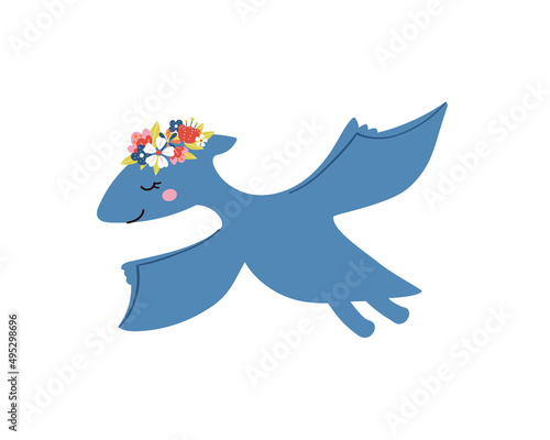 Cute little flying pterodactyl vector illustration. Dinosaur girl drawn in doodle style. Funny vector graphic for kids textile, prints, posters