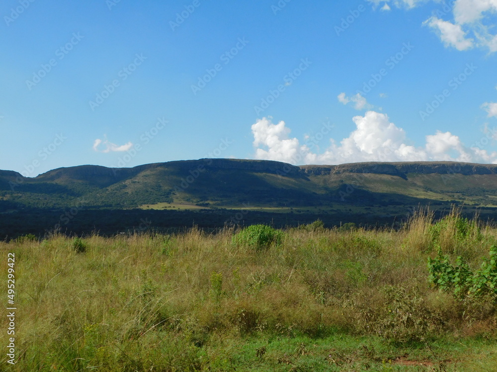 Beautiful scenic landscape with grass fields, bushes, scattered trees, mountains, hilltops, blue sky and white puffy scattered clouds. In South Africa, North West. Beautiful scenic landscape with grass fields, bushes, scattered trees, mountains, hilltops, blue sky and white puffy scattered clouds. In South Africa, North West.