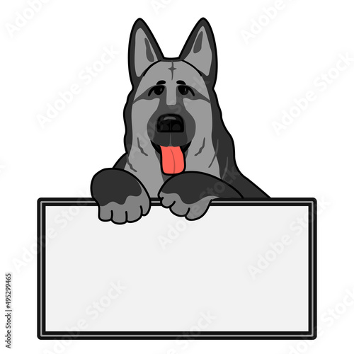 German sheepdog with signboard in cartoon isolated on white background.Background with place for text and animal character .Hand drawn vector illustration for design cards,posters,stickers.
