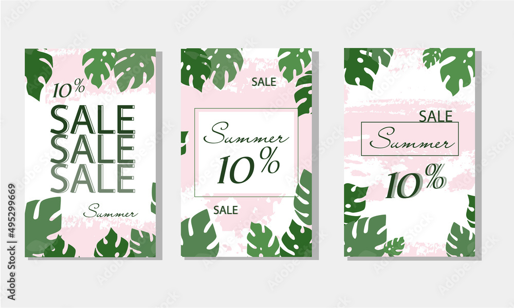 Summer sale flyer template set. Banner and background in modern flat style. Vector illustration for social networks.