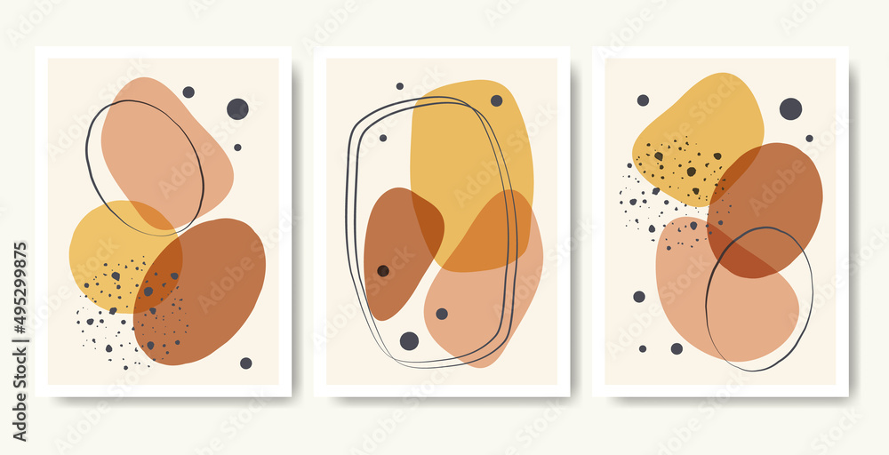 Set of minimal posters with abstract organic shapes. Earth tone composition collage style.