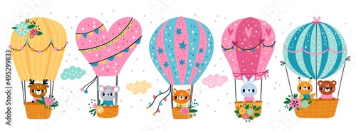 Animals fly in hot air balloon. Funny deer, mouse, fox, bunny drive vehicles. Patterned hand drawn objects with little pilots. Cute creatures with flowers. Vector soaring aerostats set