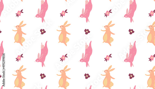 Vector illustration Pattern with dancing Easter bunnies with flowers on a white background