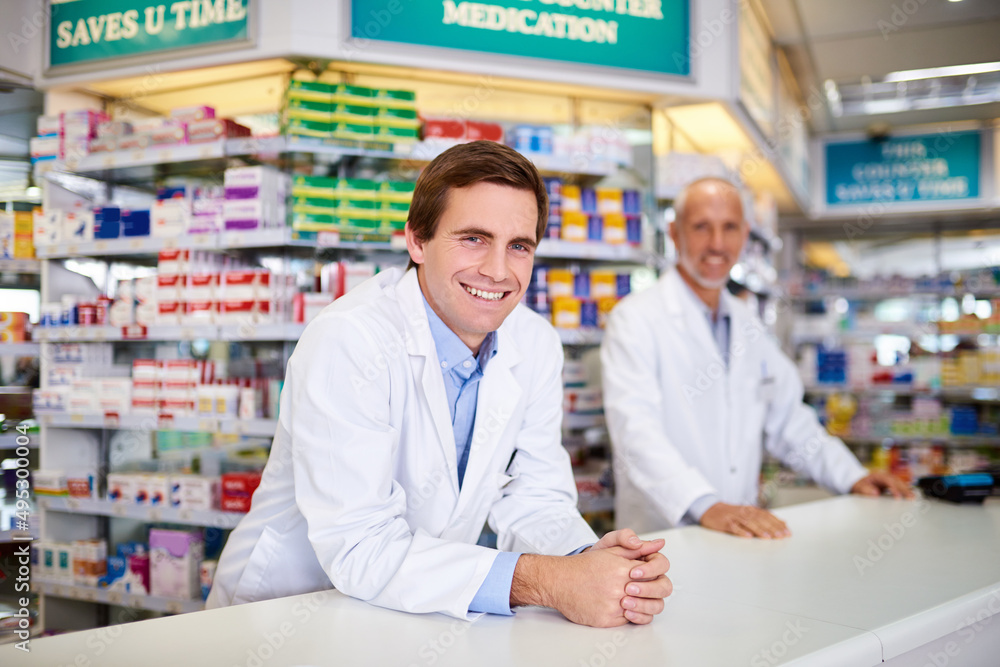 Your one-stop pharmacy for all your health essentials. Portrait of two male pharmacists working in a chemist.