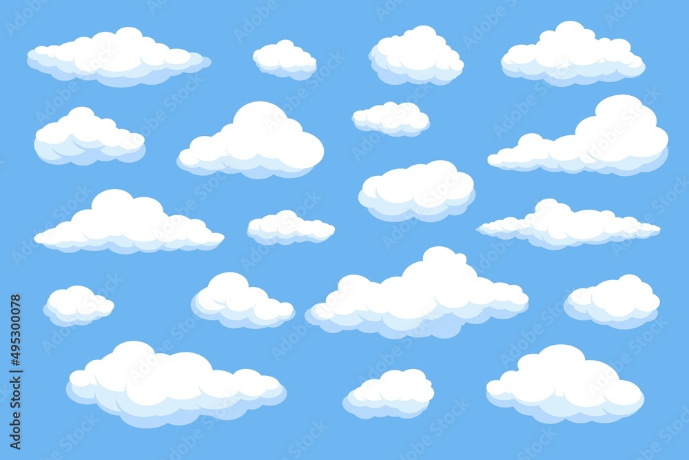 Cartoon fluffy clouds. Cumulus cloudy shapes different sizes. Rounded composite objects on blue sky. Atmospheric phenomena. Heaven evaporation. Vector cloudscape isolated elements set