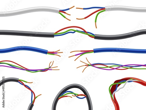 Broken electric cables. Damaged realistic power wires. Different curved flexible shapes with sticking torn connections. Uninsulated current circuit. Vector defective metal wirings set