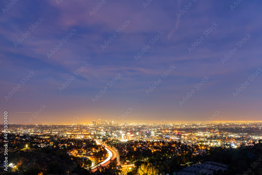 Night high angle view of the Los Angeles cityscape from hollywood bowl