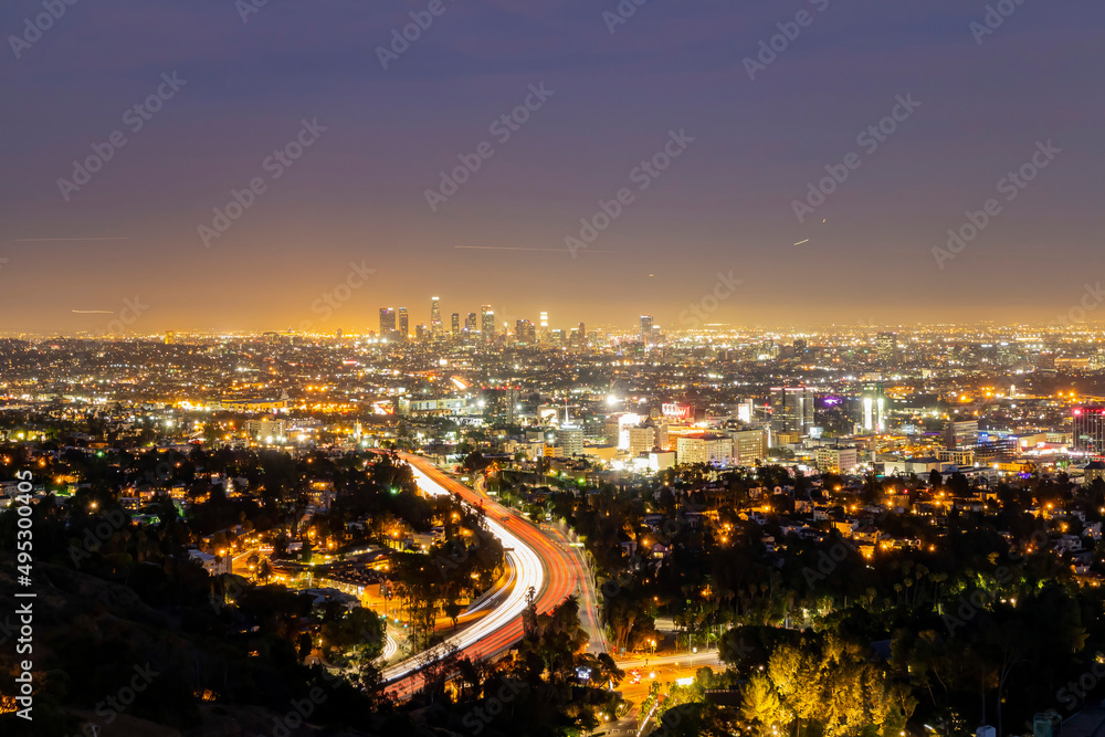 Night high angle view of the Los Angeles cityscape from hollywood bowl