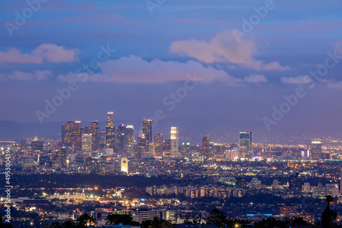 Twilight view of Los Angeles downtown skyline from Getty View Park