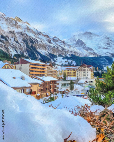 Watercolor and pastel drawing nature landscape, popular travel and touristic place, canvas texture on background, trend print for poster, textile or canvas. Modern fine arts design wallpaper. Wall art