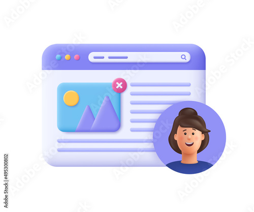 Web page interface design, web user, windows frame search. Web design and web development concept. 3d vector icon. Cartoon minimal style.