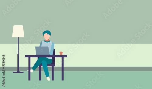 部屋　パソコンを使う男性　人物フラットイラスト　デスクワーク　調べる　Working at home