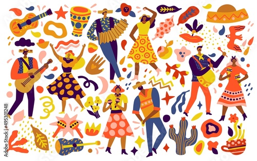 Festa junina. Brazil folk festival, latino winter onset, 13 june party elements, bright people in traditional clothes and hats, national dances and decorations, vector cartoon doodle set