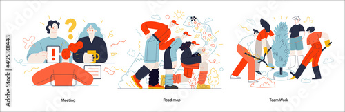 Business topics, company - modern outlined flat vector concept illustrations set, corporate Memphis style Business metaphor.