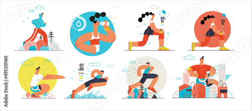 Runners set. Flat vector concept illustrations of male and female athletes running in the park, forest, stadium track or street landscape. Healthy activity and lifestyle. Sprint, jogging, warming up.