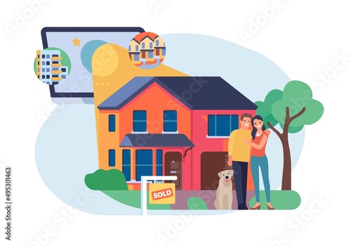 House purchase. Family moves into apartment. Mobile app for finding new home. Real estate agency. Mortgage lending. Sell property. Couple buying residential building. Vector concept