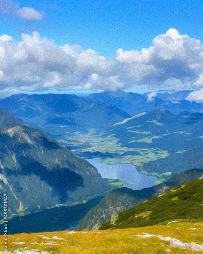 Fototapeta premium Watercolor and pastel drawing nature landscape, popular travel and touristic place, canvas texture on background, trend print for poster, textile or canvas. Modern fine arts design wallpaper. Wall art