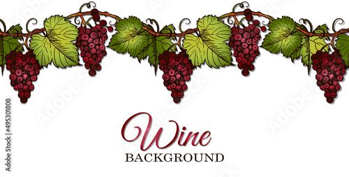 Sketch hand drawn Wine poster with red grapes and green leaves on branch isolated on white background. Engraved drawing realistic grape berry, vineyard template, fruit poster. Vector illustration.
