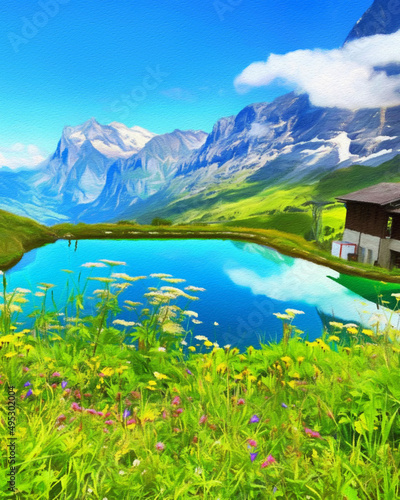 Watercolor and pastel drawing nature landscape, popular travel and touristic place, canvas texture on background, trend print for poster, textile or canvas. Modern fine arts design wallpaper. Wall art