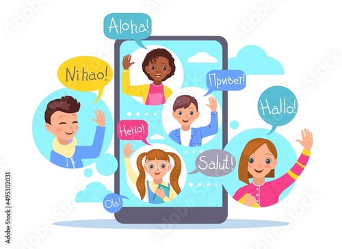Multi language translator. Kids mobile app. Children education with smartphone. Messaging with vocabulary. Online dictionary. Vector multinational boys and girls with speech bubbles